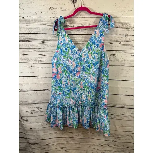 Women's Kinder Smocks Blue Pink Floral Ruffle Tank Top L Size L