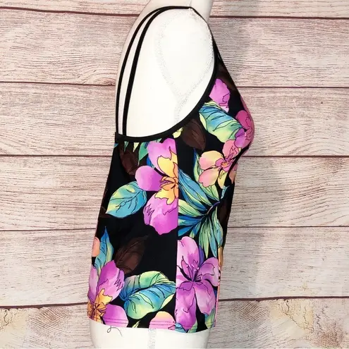 MiracleSuit  Black and Purple/Pink Orchid Floral Double Strap Tankini Top Size 8