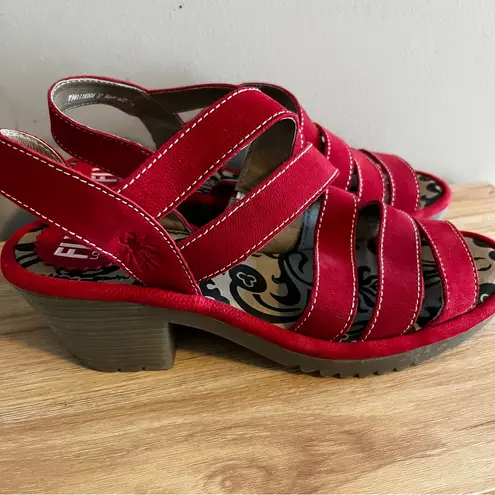 Fly London Sandal Womens Size 37 US 6.5-7 Lipstick Red Print Comfort Heels