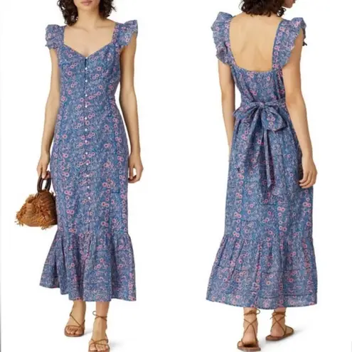 Cleobella Sophia Midi Maxi Dress Flutter Sleeve Floral Button Front Blue Pink L