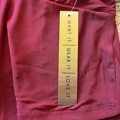 Almost Famous  Red Fitted Crop Top Long Sleeve Blouse SZ S Wide Neck Brand New