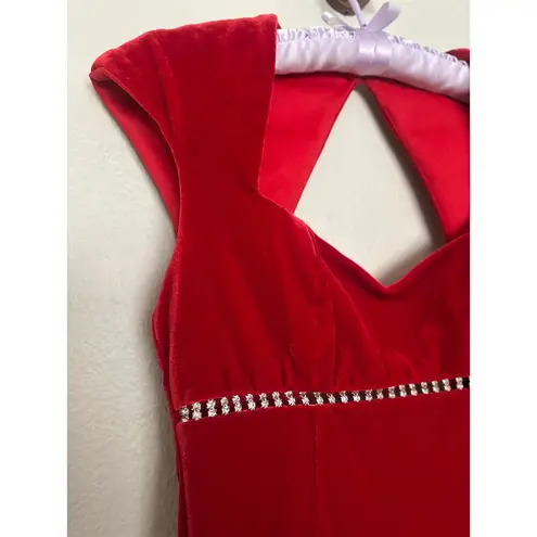 Vintage 90s Sz 4 Red Velvet Rhinestone Empire Waist Cap Sleeve Maxi Dress Gown