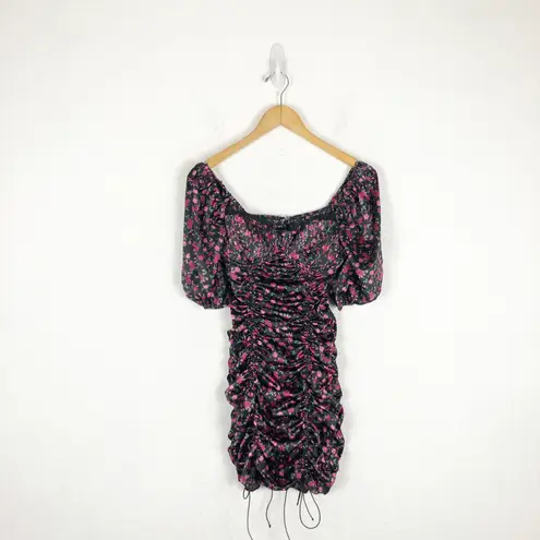 For Love and Lemons Melrose Mini Dress Small Floral Puff Sleeve Ruched Fairy Black