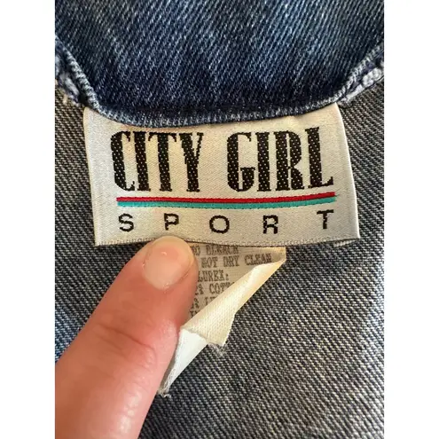 City Girl Sport Denim Vest Top Rhinestone Embellished Blue Jean Waistcoat Vtg Size M