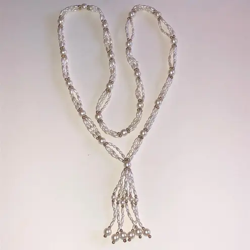 Elegant Vintage White Faux Pearl Gold Tone Beaded Boho Tassel Fringe Necklace
