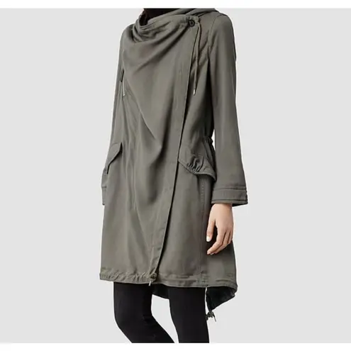 All Saints Portere Draped Hooded Parka in Army Green 4