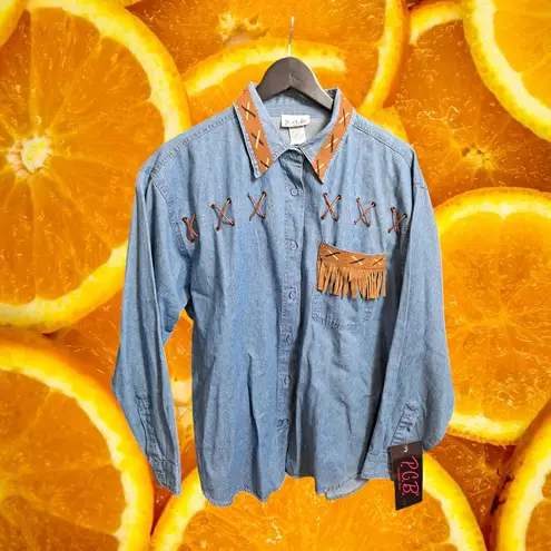 P.G.B. Western Denim Shirt Leather Fringe Lace Up Detail Large Blue
