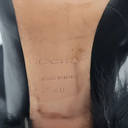 Rochas Ankle Bootie Black Leather Side Zipper Fur Heeled Almond Boots Size 40