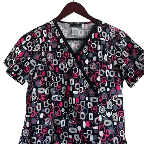 Cherokee  Women Scrub Top XS Black Geometric Medical Uniform Nurse Workwear