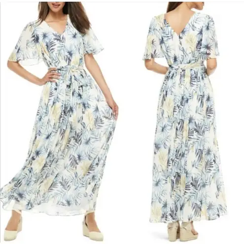 Gal Meets Glam Kiki Chiffon Flutter Sleeve Tropical Maxi Dress Size 2