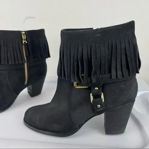 Lauren Ralph Lauren Mara Black Oiled Suede Fringe Heel Booties Sz 8