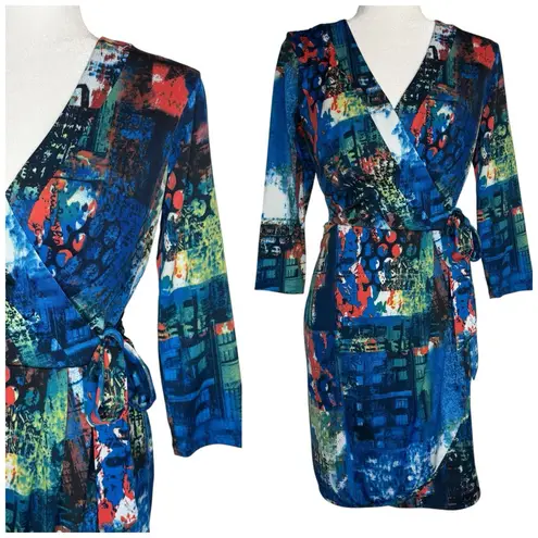 Oleg Cassini Faux Wrap Dress 4 Side Tie V-Neck Colorful Abstract Artsy Stretchy - Image 2