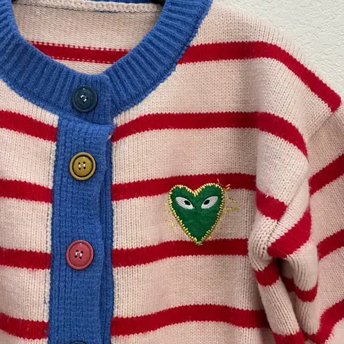 Striped Thick Knit Heart Patch 3/4 Sleeve Cropped Cardigan Sweater Red