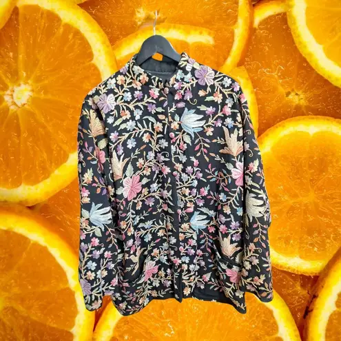 Elegant Floral Embroidered Blazer Jacket Black Multi