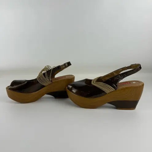 Gazith Brown Patent Leather Wooden Platform Sandals Size 8.5