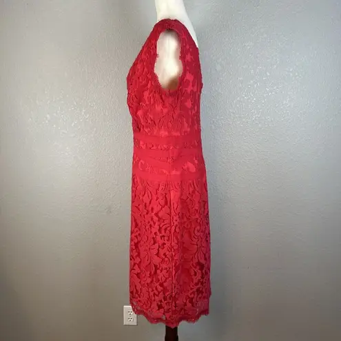 Tadashi Shoji Womens V-Neck Sheath Dress Size 12 Red Floral Embroidered Lace