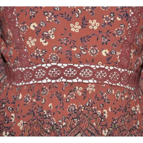 Angie Cute Dress Women’s Size L Floral Boho Puff Bell Sleeve Midi Smocked Lace