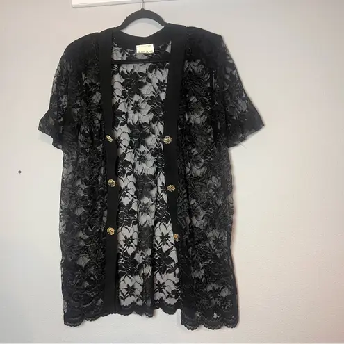 Vintage Lisa’s Cardigan Black Lace Short Sleeve Open Front Gold Buttons Size XXL