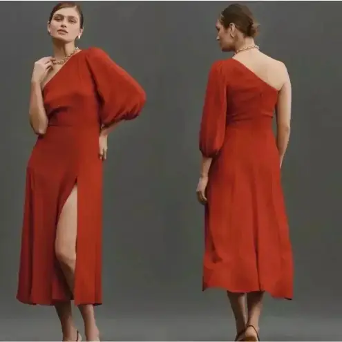 Reformation  Lawrence One Shoulder Midi Dress Crimson Red Slit Cocktail Size 12