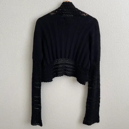 Baby Phat Vintage Y2K Black Crochet Bell Sleeve Open Drape Cropped Cardigan