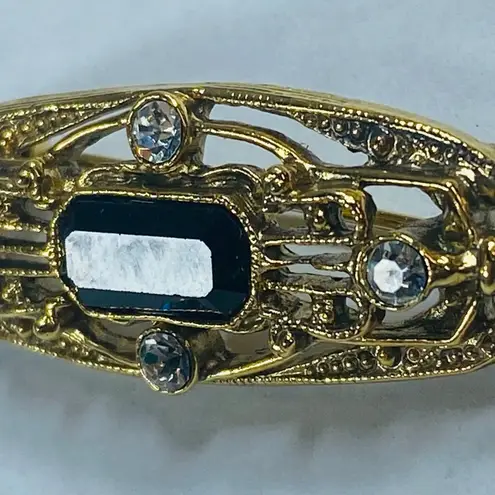 Onyx Art Deco Pin Brooch Gold Tone Faux Black  Clear Rhinestone Vintage Jewelry