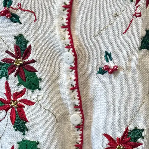 Vintage Poinsettia Embroidered vest Holiday Knit Vest Beaded 2X Festive Style White
