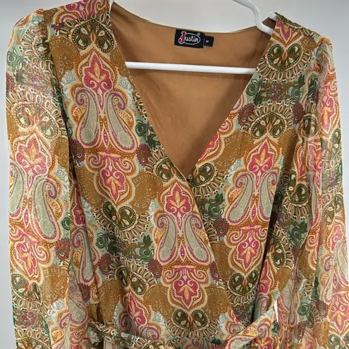 Justin Boots Pink tan maxi wrap Sheath Dress Bishop Sleeves paisley M ruffle