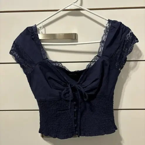 fab'rik  Navy Blue Lace Button Front Blouse