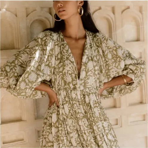 Daughters of India Kyra Midi Boho Maxi Dress Floral Print V Neck Tiered Green Size L