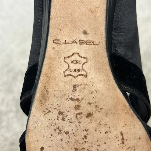 C. Label Size 8 Black Peep Toe Strappy Flats with Beaded Decorative Stone Toe