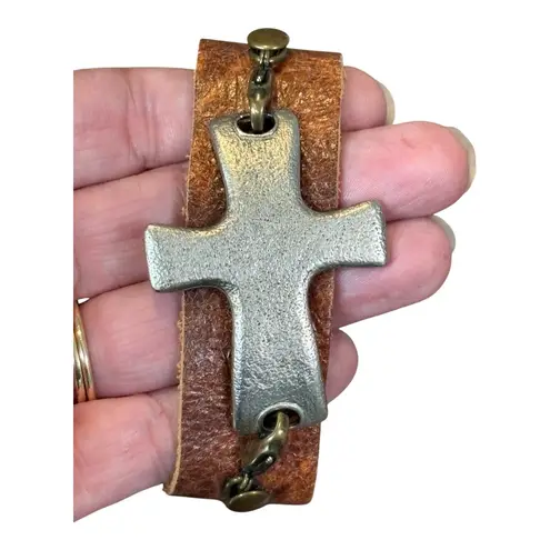 Lenny & Eva Leather Cross Bracelet Faith Over Fear Religious Silver Tone Boho Brown