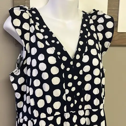 Loft  Navy White Polka Dot V-Neck Ruffled Flowy MIDI Dress- Medium