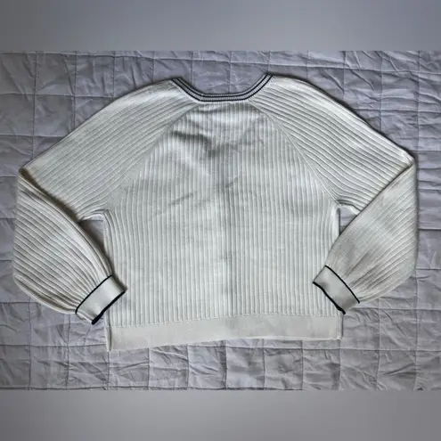 Talbots  Cream Navy Trim V Neck Rib Knit Cardigan Sweater Old Money Preppy - XL