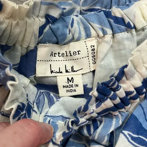 Nicole Miller Artelier  100% Cotton Blue Cream Tropical Off Shoulder Blouse M