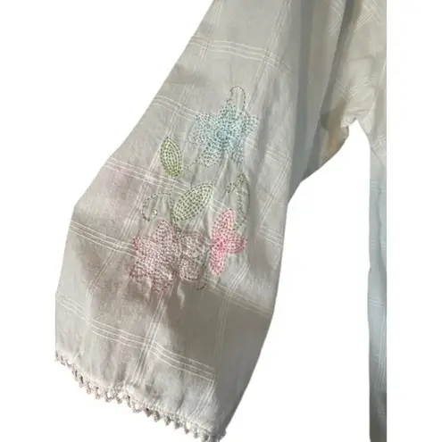 Laura Ashley White Cotton Embroidered Floral Kimono Long Robe Women Sz L VTG