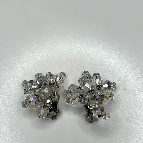 Vintage Laguna clip on earrings faceted clear aurora borealis cascading crystals