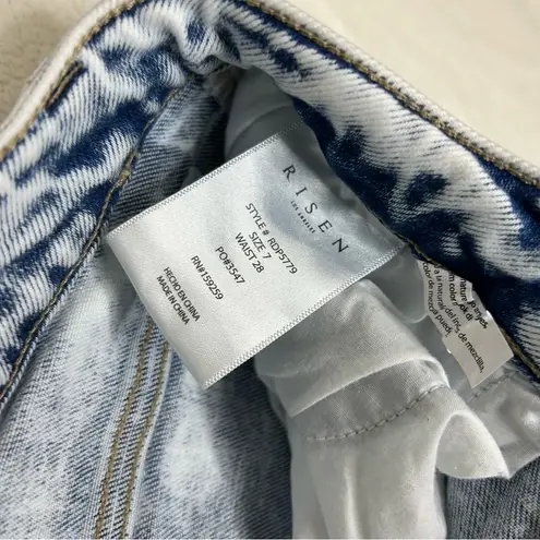 Risen Jeans Blue White Light Wash Denim Wide Leg Distressed Knee Frayed Hem 7/28