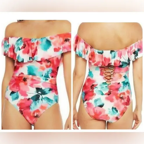La Blanca Wild Flounce Floral Print Popover Flounce One-piece Swimsuit- Size 16