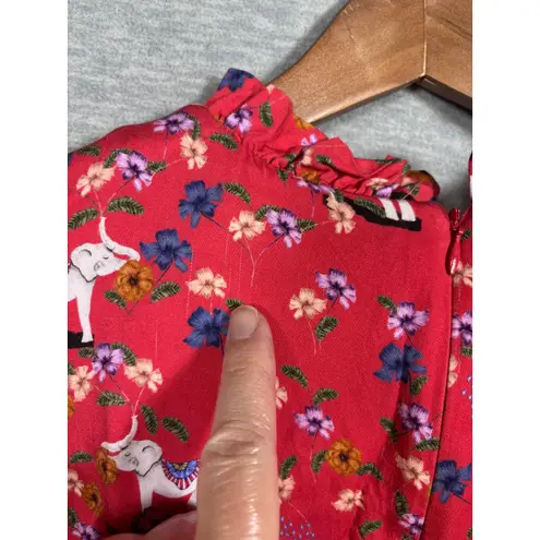 Anthropologie Corey Lynn Calter Dress M Red Elephant Floral Print Ruffle Neck Size M