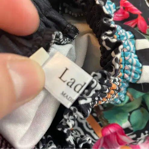 Ladmous Womens L Floral Long Sleeve Blouse Bold Colors High Neck Office Work Black Size L