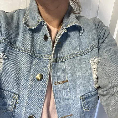 Vintage Style 90s Denim cropped jacket light wash “Blue is my name “ Size undefined