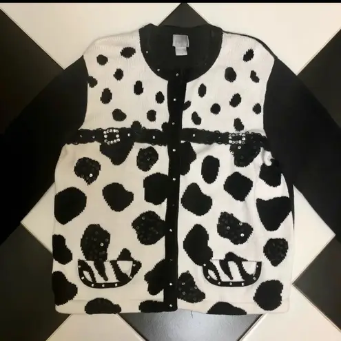 Vintage 90s Berek Animal Print Sweater Sequin Rhinestone Black Size XL