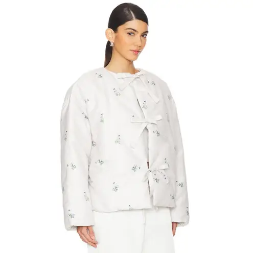 Sleeper Ukiyo Tie Front Puffer Jacket Flower Print Womens Size XS White