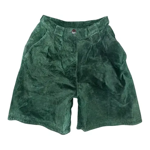 Winlit Vintage Green High Waisted Suede Leather Pleated Long Shorts Women’s 5/6