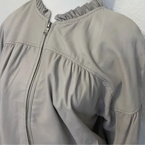 Rebecca Taylor ruffle trim light grey lamb skin leather bomber jacket blazer 8