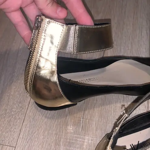 Kardashian Kollection Fenella Ankle Strap Flats Zip Up Black Gold