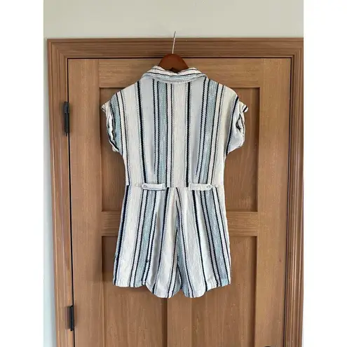 Elan Short Sleeve Button Down Romper- Blue/White Striped Women’s size Medium