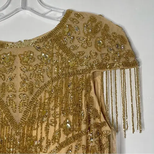 Mac Duggal 4715 Size 4 Embellished Fringe Cap Sleeve Trumpet Gown, Light Gold