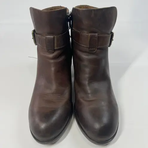 B.O.C by Born Brown Leather Buckle Ankle Boots 8.5 Block Heel Side Zip Booties