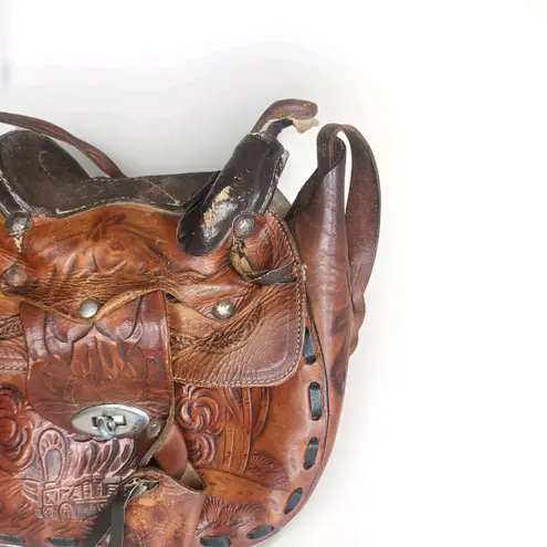 Vintage Saddle Bag Purse Tooled Leather Stirrups Horse Theme Mexico Brown